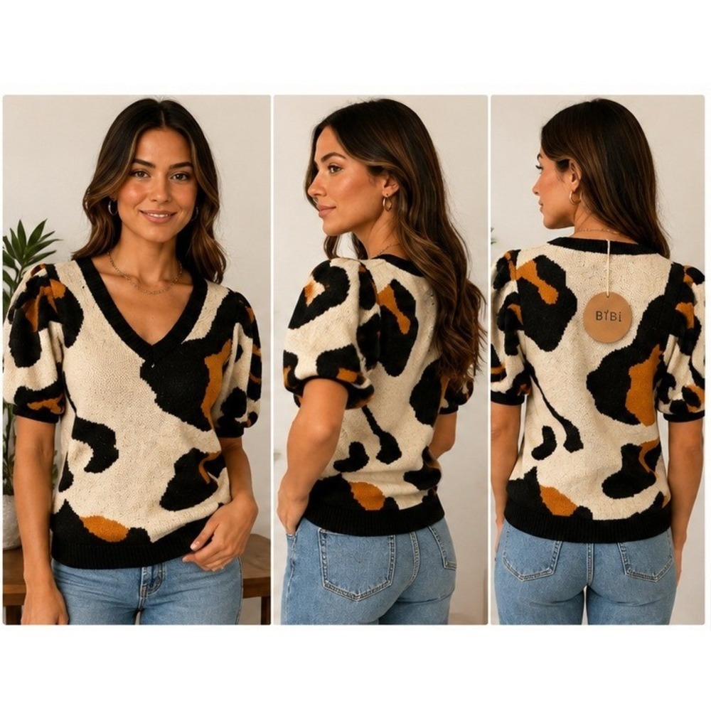 BIBI Animal Print Knit Top Women Medium Puff Sleeve V-Neck Leopard Sweater